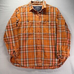 REI Flannel Shirt Womens Large Orange Plaid Button Up Long Sleeve Outdoors Work